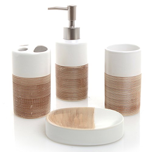 Product Cover MyGift Deluxe 4 Piece White & Beige Ceramic Bathroom Set w/Soap Dispenser, Toothbrush Holder, Tumbler & Soap Dish