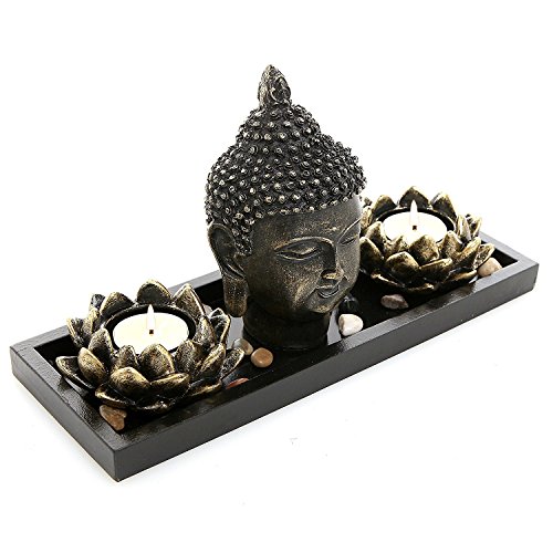 Product Cover MyGift Buddha Head Sculpture Zen Garden Set w/ Lotus Tealight Candle Holders & Wooden Display Tray, Black by MyGift