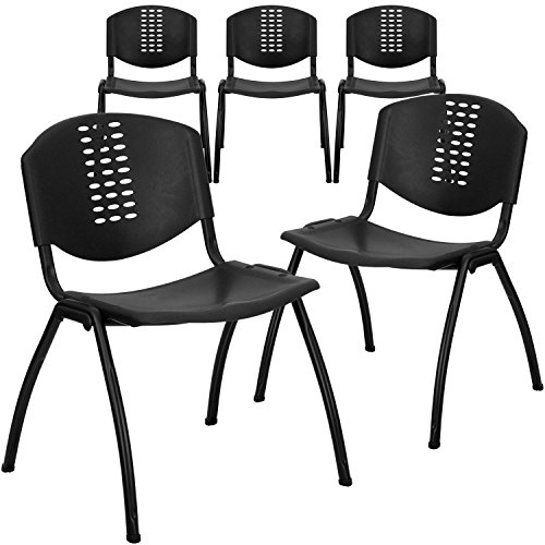 Product Cover Flash Furniture 5 Pk. HERCULES Series 880 lb. Capacity Black Plastic Stack Chair with Oval Cutout Back and Black Frame