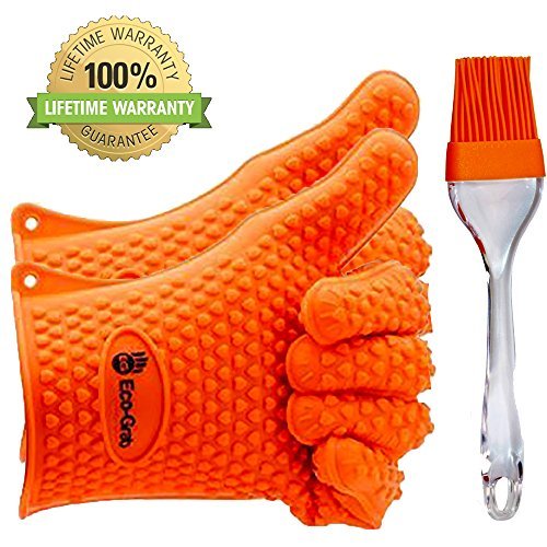 Product Cover NEWEST 2016 EDITION Heat Resistant Silicon Gloves For Barbecue & Oven Use, Made For Grilling, Cooking & Baking + Bonus Silicone Brush By Eco Grab - 1 size fit all