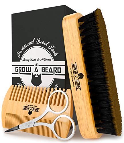 Product Cover Beard Brush & Comb Set for Men's Care | Christmas Giveaway Mustache Scissors | Gift Box & Travel Bag | Best Bamboo Grooming Kit to Distribute Balm or Oil for Growth & Styling | Adds Shine & Softness