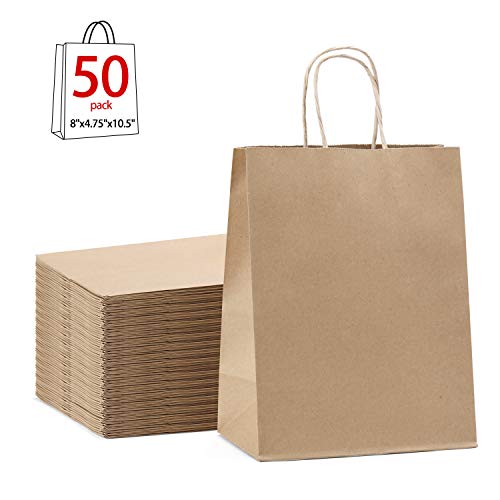 Product Cover GSSUSA Brown Gift Bags 8x4.75x10.5 50Pcs Kraft Paper Bag,Party Bags,Retail Bags,Shopping Bags,Brown Paper Bags with Handles 100% Recyclable Paper
