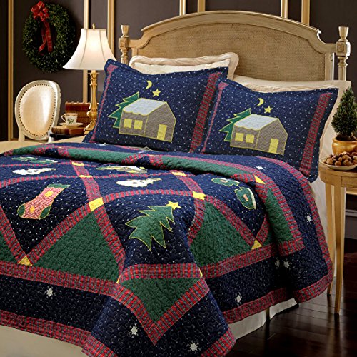 Product Cover Cozy Line Home Fashions Christmas Night 3-Piece Cotton Quilt Bedding Set, Coverlet, Bedspread (Christmas Night, Queen - 3 Piece)