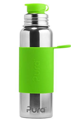 Product Cover Pura Sport 28 oz / 850 ml Stainless Steel Water Bottle with Silicone Sport Flip Cap & Sleeve, Green (Plastic Free, Nontoxic Certified, BPA Free)