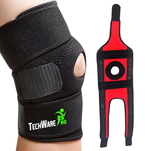 Product Cover TechWare Pro Knee Brace Support - Relieves ACL, LCL, MCL, Meniscus Tear, Arthritis, Tendonitis Pain. Open Patella Dual Stabilizers Non Slip Comfort Neoprene. Adjustable Bi-Directional Straps - L
