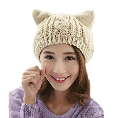 Product Cover Amberetech Cute Woollike Knitted CAT Kitty Ears Women Lady Girl Headgear Crochet Hats (Beige)