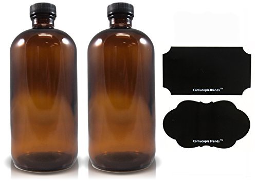 Product Cover 16oz Amber Glass Bottle with Reusable Chalk Labels and Lids (2 Pack), Refillable Glass Bottles, with Black Screw On Lid