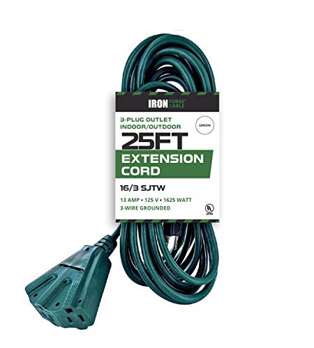Product Cover 25 Foot Outdoor Extension Cord with 3 Electrical Power Outlets - 16/3 SJTW Durable Green Extension Cable with 3 Prong Grounded Plug for Safety