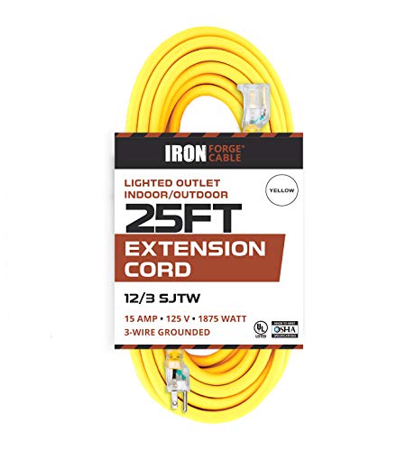 Product Cover 25 Foot Lighted Outdoor Extension Cord - 12/3 SJTW Heavy Duty Yellow Extension Cable Extension Cable with 3 Prong Grounded Plug for Safety - Great for Garden and Major Appliances