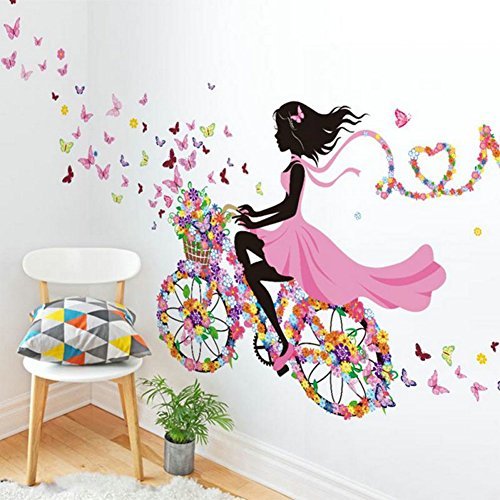 Product Cover Sotijobs Nature Series SN049 Flower Butterfly Girl on Bicycle Removable Vinyl DIY Wall Art Mural Sticker Decal Decor for Living Room/Bedroom 28