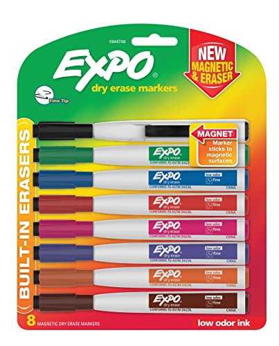 Product Cover EXPO 1944748 Magnetic Dry Erase Markers with Eraser, Fine Tip, Assorted Colors, 8-Count