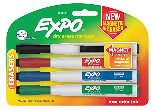 Product Cover EXPO Magnetic Dry Erase Markers with Eraser, Fine Tip, Low Odor Ink, 4 Count, 4 Assorted Colors: Black, Red, Blue, Green