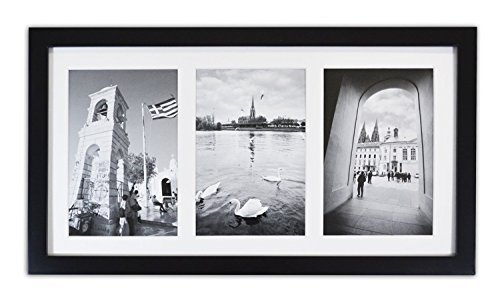 Product Cover Golden State Art, 8.5x16.3 Black Photo Wood Collage Frame with Real Glass and White Mat Displays (3) 5x7 Pictures