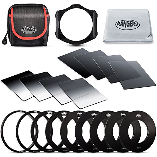 Product Cover Rangers 8pcs ND Filter kit (Full and Graduated ND2, ND4, ND8, ND16 Filters, Optics) and 9 Filter Adaptors Ring (49-82mm) and 1 ABS Adaptor Holder + Carrying Case + Lens Cleaning Cloth
