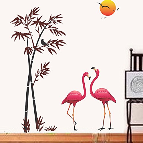 Product Cover Decals Design Stickerskart Wall Stickers Pink Flamingos & Bamboo At Sunset (Wall Covering Area: 150cm x 125cm ,Product Dimensions: 60x90cm)