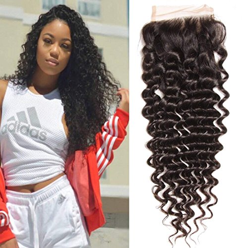 Product Cover Unice Hair Brazilian Virgin Hair Deep Wave 4x4 Lace Closure Free Part Natural Color (18inch)