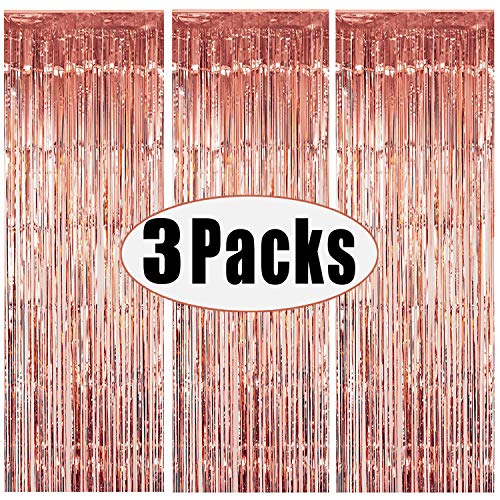 Product Cover FECEDY 3pcs 3.2ft x 6.6ft Rose Gold Metallic Tinsel Foil Fringe Curtains Photo Booth Props for Birthday Wedding Engagement Bridal Shower Baby Shower Bachelorette Holiday Celebration Party Decorations