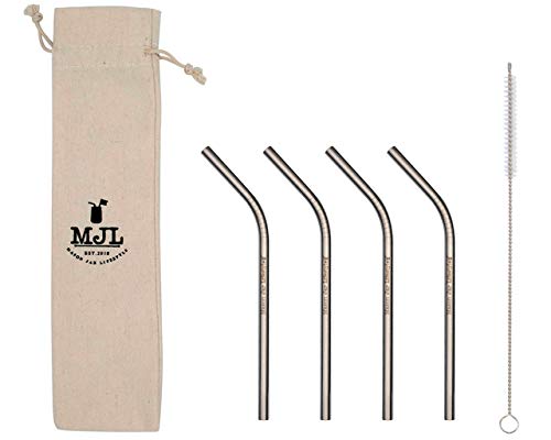 Product Cover Short Thin Bent Stainless Steel Straws for Cocktail Glasses, Kids, Small Cups, or Half Pint Mason Jars (4 Pack + Cleaning Brush + Cloth Bag)