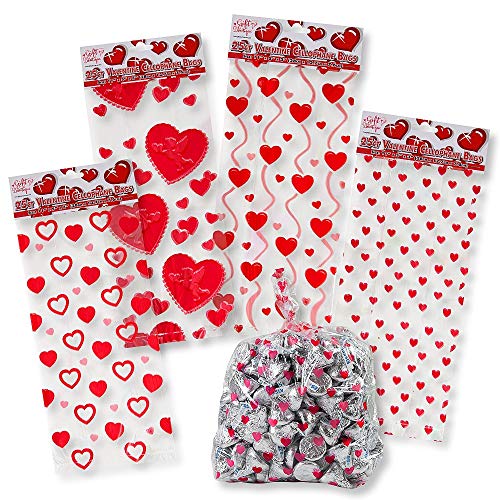 Product Cover Valentine Cellophane Bags 100 Pack with Twist Ties Valentines Favor Treat Gift Goodie Cello Bags for Party Candy Cookies , 4 Assorted Styles