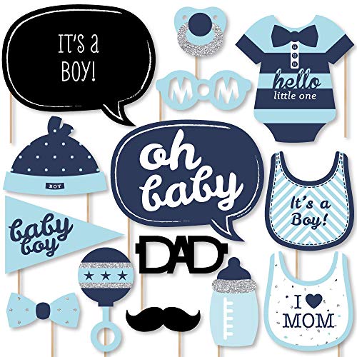 Product Cover Big Dot of Happiness Hello Little One - Blue and Silver - Boy Baby Shower Photo Booth Props Kit - 20 Count