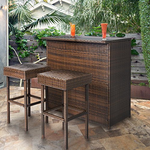 Product Cover Best Choice Products 3-Piece All-Weather Outdoor Wicker Bar Table Set for Patio, Backyard, Garden w/ 2 Stools, Glass Tabletop, Shelf