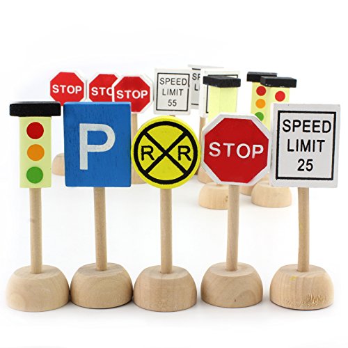 Product Cover Attatoy Kids Wooden Street Signs Playset (14-Piece Set), Wood Traffic Signs Perfect for Car & Train Set