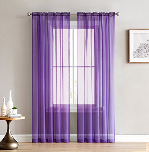 Product Cover HLC.ME Purple Sheer Voile Window Treatment Rod Pocket Curtain Panels for Kids Room, Bedroom and Living Room (54 x 84 inches Long, Set of 2)