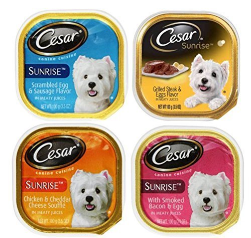 Product Cover Cesar Sunrise Dog Food 4 Flavor 8 Can Bundle: (2) Scrambled Egg & Sausage, (2) Grilled Steak & Eggs, (2) Chicken & Cheddar Cheese Souffle, & (2) Smoked Bacon & Egg, 3.5 Oz. Ea.