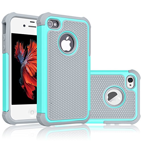Product Cover Tekcoo for iPhone 4S Case, Tekcoo iPhone 4 / 4G Cover, [Tmajor] Shock Absorbing Hybrid Best Impact Defender Rugged Slim Grip Bumper Cover Shell Plastic Outer & Rubber Silicone Inner [Turquoise/Grey]