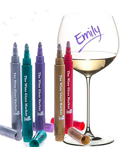 Product Cover The Original Wine Glass Markers - (Set of 5 Wine Markers) - Lifetime Replacement Warranty -Vibrant Colors - Wine Glass Charms - Fun Wine Accessories - Write on any glassware - Easy Erasable