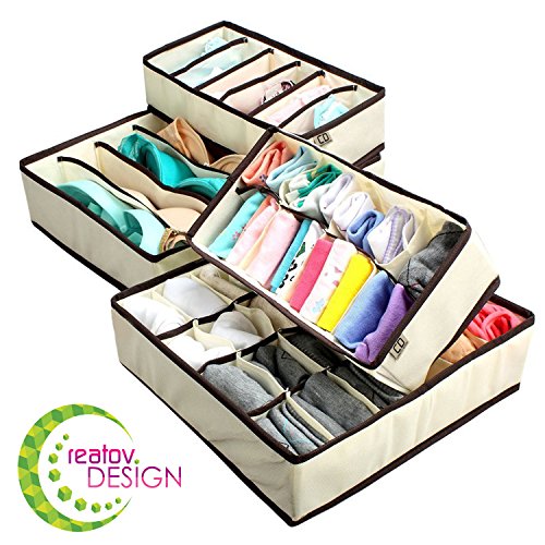 Product Cover Underwear Sock Drawer Closet Organizer - Set of 4 Collapsible Beige Fabric Foldable Storage Boxes Draw Organizers Divider for Panties Bra Socks Tie Belt Lingerie Clothing Fits Under Bed Drawer Closet