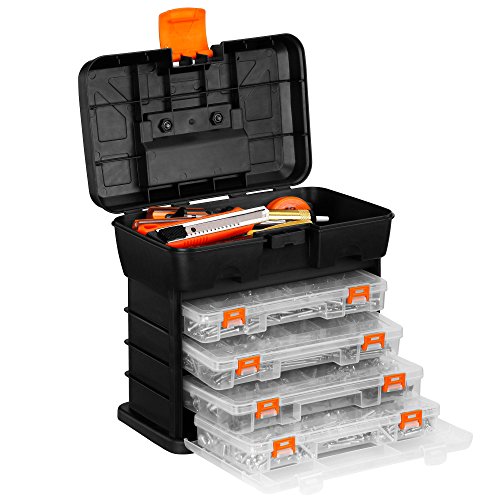 Product Cover VonHaus Very Small Utility Tool Storage Box - Portable Arts Crafts Organizer Case with 4 Drawers & Adjustable Dividers (10.9 x 10.1 x 6.9 inches - Black/Orange)