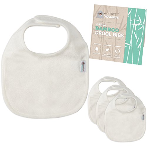Product Cover Bamboo Terry Drool Bibs. Waterproof 4-Piece Set for Baby by Wonderful Walrus. Natural - Simple - Classic. 2 Reversible, Ultra Soft & Absorbent Layers. in White for Ideal Unisex Gift or to Decorate.