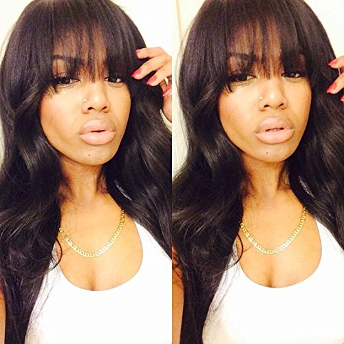 Product Cover Glueless #1b Hair Color Brazilian Hair Natural Wave Lace Front Human Hair Wig with Bangs for Black Women