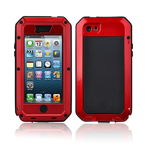Product Cover New Waterproof Shockproof Aluminum Gorilla Glass Metal Military Heavy Duty Armor Bumper Cover Case for Apple iPhone 5 5S Home Key +Fingerprint (Red)