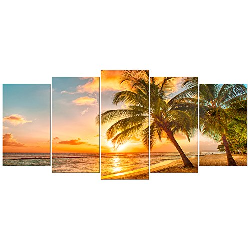 Product Cover Wieco Art Cozy Sea Extra Large Modern Ocean Sunset Sea Beach Canvas Prints Pictures Paintings on Canvas Wall Art for Home Decor 5 Panels Gallery Wrapped Tropical scenery Seascape Giclee Artwork