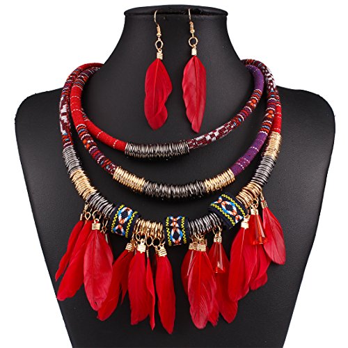 Product Cover XY Fancy Feather Pendant Multi Layers Tribal Bib Necklace Statement Earring Jewelry Set