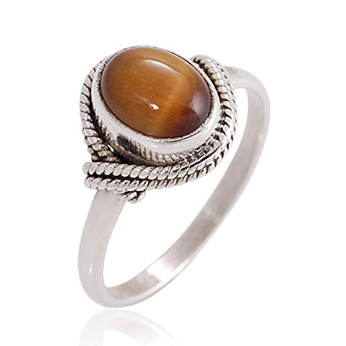 Product Cover Chuvora 925 Sterling Silver Tiger Eye Gemstone Oval Rope Edge Vintage Band Ring Size 6, 7, 8