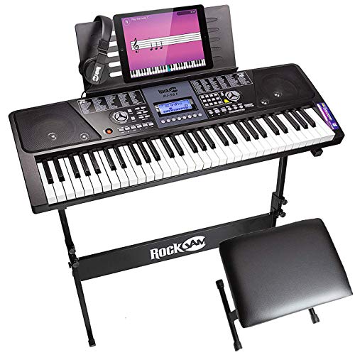 Product Cover RockJam 561 Electronic 61 Key Digital Piano Keyboard SuperKit with Stand, Stool, Headphones, Includes Piano Maestro Teaching App with 30 Songs