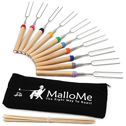 Product Cover MalloMe Marshmallow Roasting Sticks Set of 10 Telescoping Rotating Smores Skewers & Hot Dog Fork 32 Inch Kids Camping Campfire Fire Pit Accessories | Free Pouch, 10 Bamboo & Marshmallow Sticks Ebook