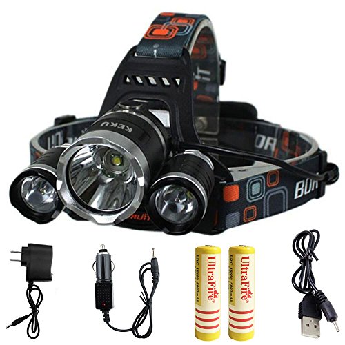 Product Cover KEKU High Power LED Headlamp(5000 Lumens MAX) Rechargeable Waterproof HeadLamp Flashlight on The Head headlamp with 3 Xm-l T6 4 Modes,Wall Charger and Car Charger for Outdoor Sports (Gray)