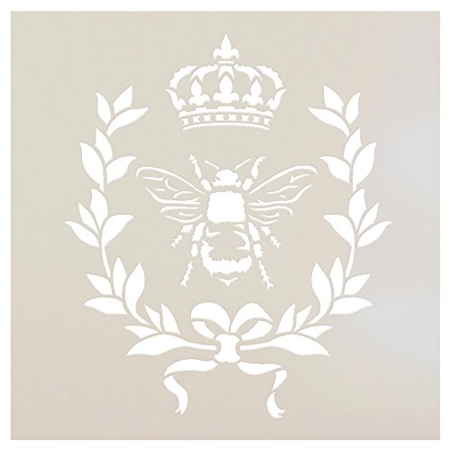 Product Cover French Bee Stencil by StudioR12 | Crown, Laurel Wreath, Bee, Shabby Chic Country - Reusable- Chalky Paint- Use for Furniture Wood Signs Pillows Fabric Home Wall Decor | Select Size (6