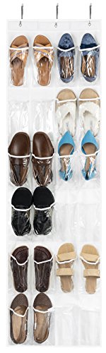 Product Cover ZOBER Over The Door Shoe Organizer - 24 Breathable Pockets, Hanging Shoe Holder for Maximizing Shoe Storage, Accessories, Toiletries, Laundry Items. 64in x 18in (White, Clear)