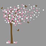 Product Cover Huge Cherry Blossom Tree Blowing in the Wind Wall Decals Nursery Tree Flowers Butterfly Art Baby Kids Room Wall Sticker Wall Decor, 78''H X 74.8'' W