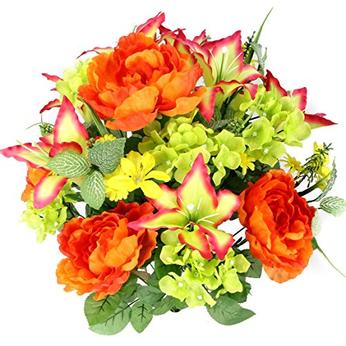 Product Cover Admired By Nature Artificial Tiger Lily, Peony & Hydrangea Foliage Mixed Flowers Bush, 24 Stems for Memorial Day, Cemetery Floral Home, Restaurant, Office & Wedding Decor -YW/Orange/Velvet/Kiwi