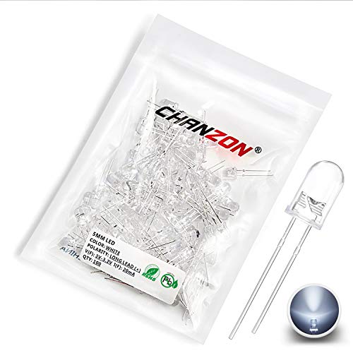 Product Cover Chanzon 100 pcs 5mm White LED Diode Lights (Clear Round Transparent DC 3V 20mA) Bright Lighting Bulb Lamps Electronics Components Indicator Light Emitting Diodes for Arduino