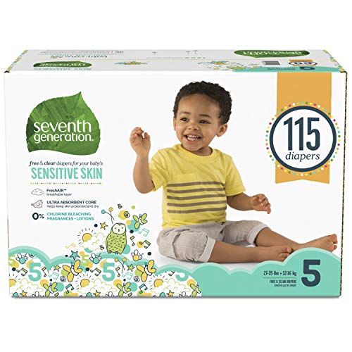 Product Cover Seventh Generation Baby Diapers for Sensitive Skin, Animal Prints, Size 5, 115 Count (Packaging May Vary)