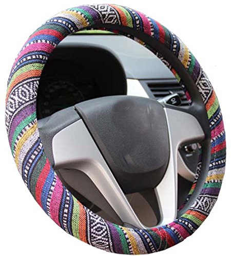 Product Cover Istn Medium Ethnic Style Coarse Flax Cloth Automotive Steering Wheel Cover Anti Slip and Sweat Absorption Auto Car Wrap Cover (14.5''-15'',B)