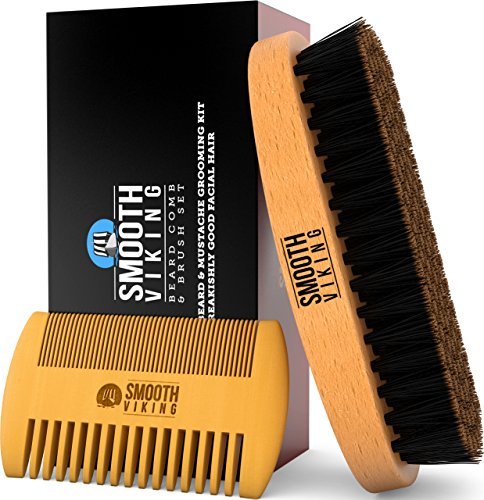 Product Cover Beard & Mustache Brush and Comb Kit - Boar Bristle Beard Brush & Wooden Grooming Comb - Facial Hair Care Gift Set for Men - Distributes Products & Wax for Styling, Growth & Maintenance - Smooth Viking