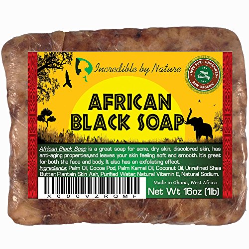 Product Cover #1 Best Quality African Black Soap - Raw Organic Soap for Acne, Dry Skin, Rashes, Scar Removal, Face & Body Wash, Authentic Beauty Bar From Ghana West Africa Incredible By Nature